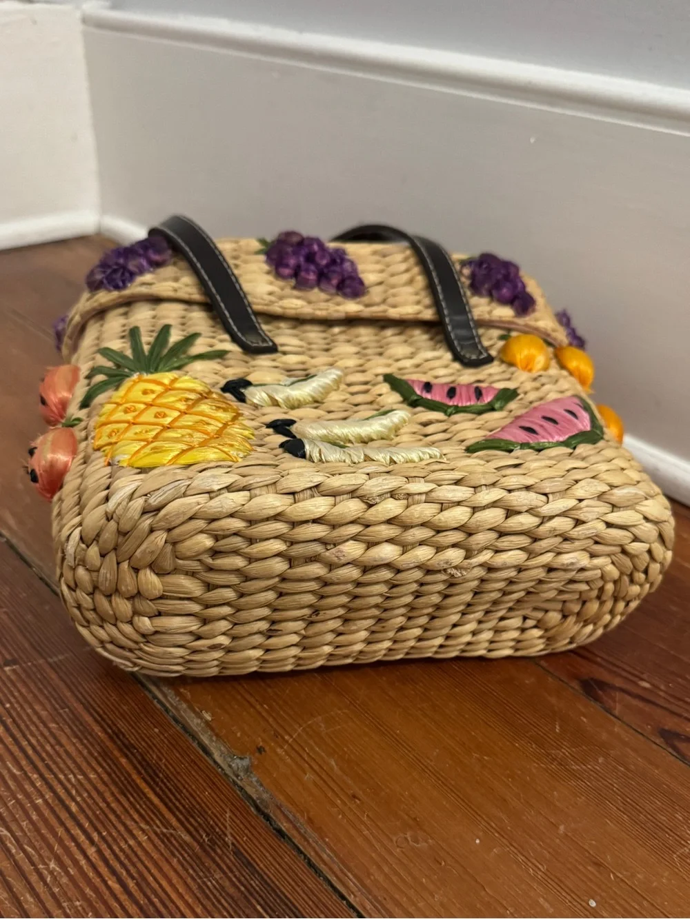 Rafe New York Vintage Straw Braided Basket Bag w/ Embroidered Fruit Square